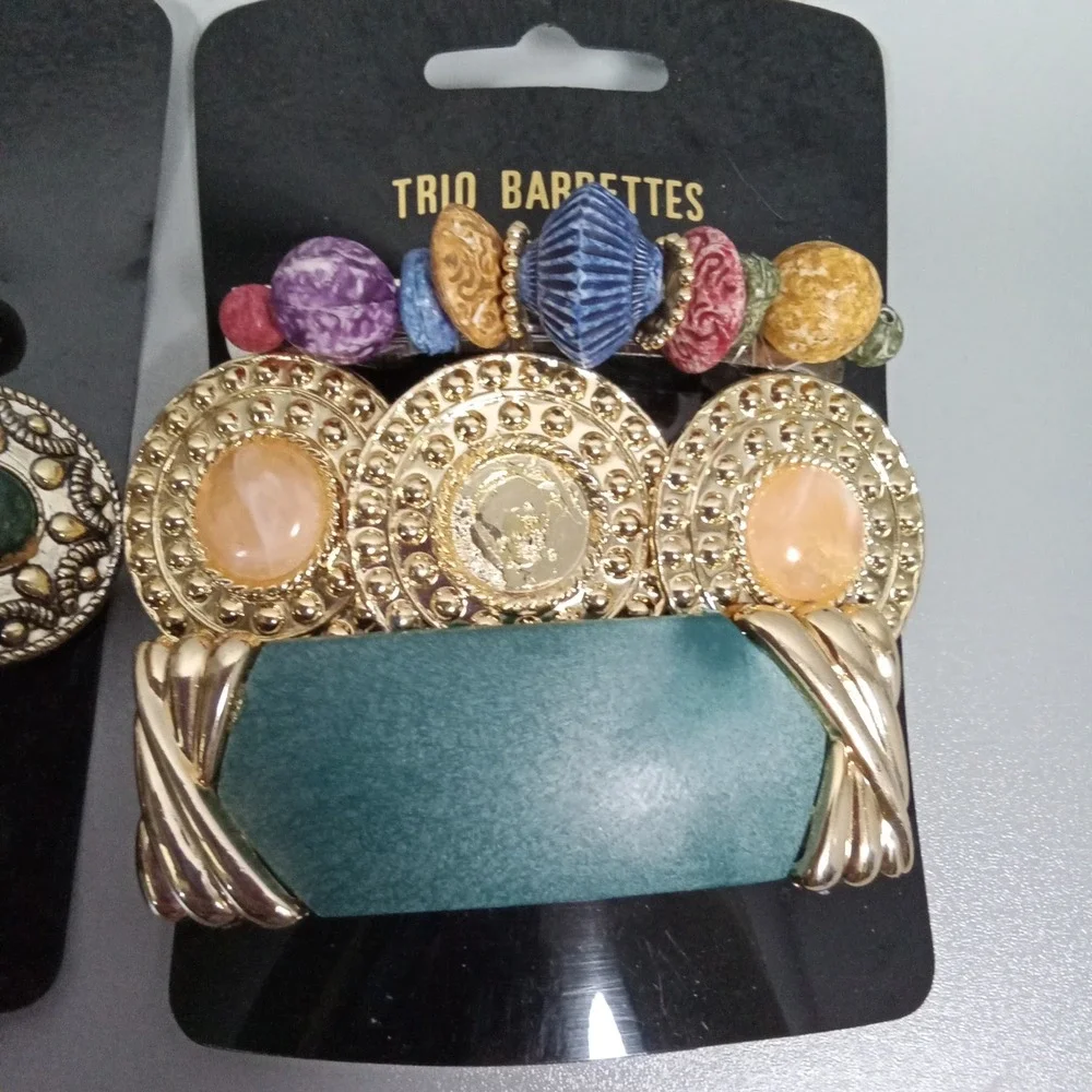 Trio Barrettes Hair Clip Lot of 2 Packs Vintage Style Faux Pearl Gold Tone Resin